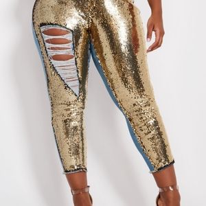 Distressed gold sequin jeans